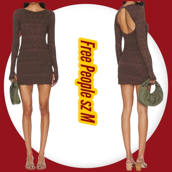 Free People Paulie Long Sleeves Open Back Mini Dress in hot fudge - Picture 1 of 12